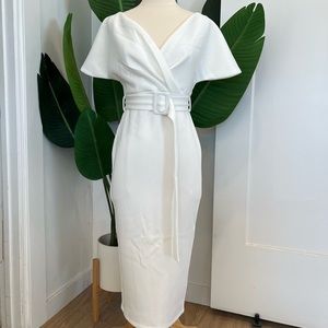 ADYCE White Off Shoulder Backless Front Buckle Belted Cocktail Dress, Size: S